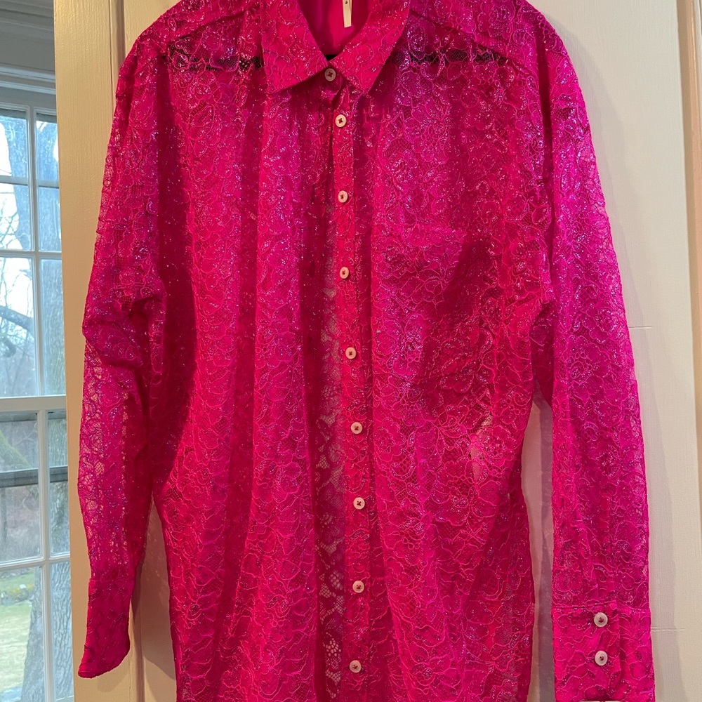 Anthropologie Vibrant Pink Lace Button Down Shirt